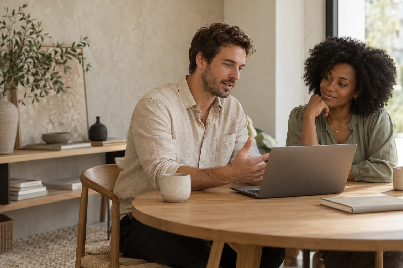 Two fictional professionals discussing a product at a laptop.