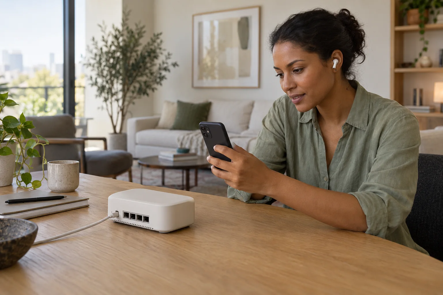 Customer showing a router with her phone during a visual support conversation.