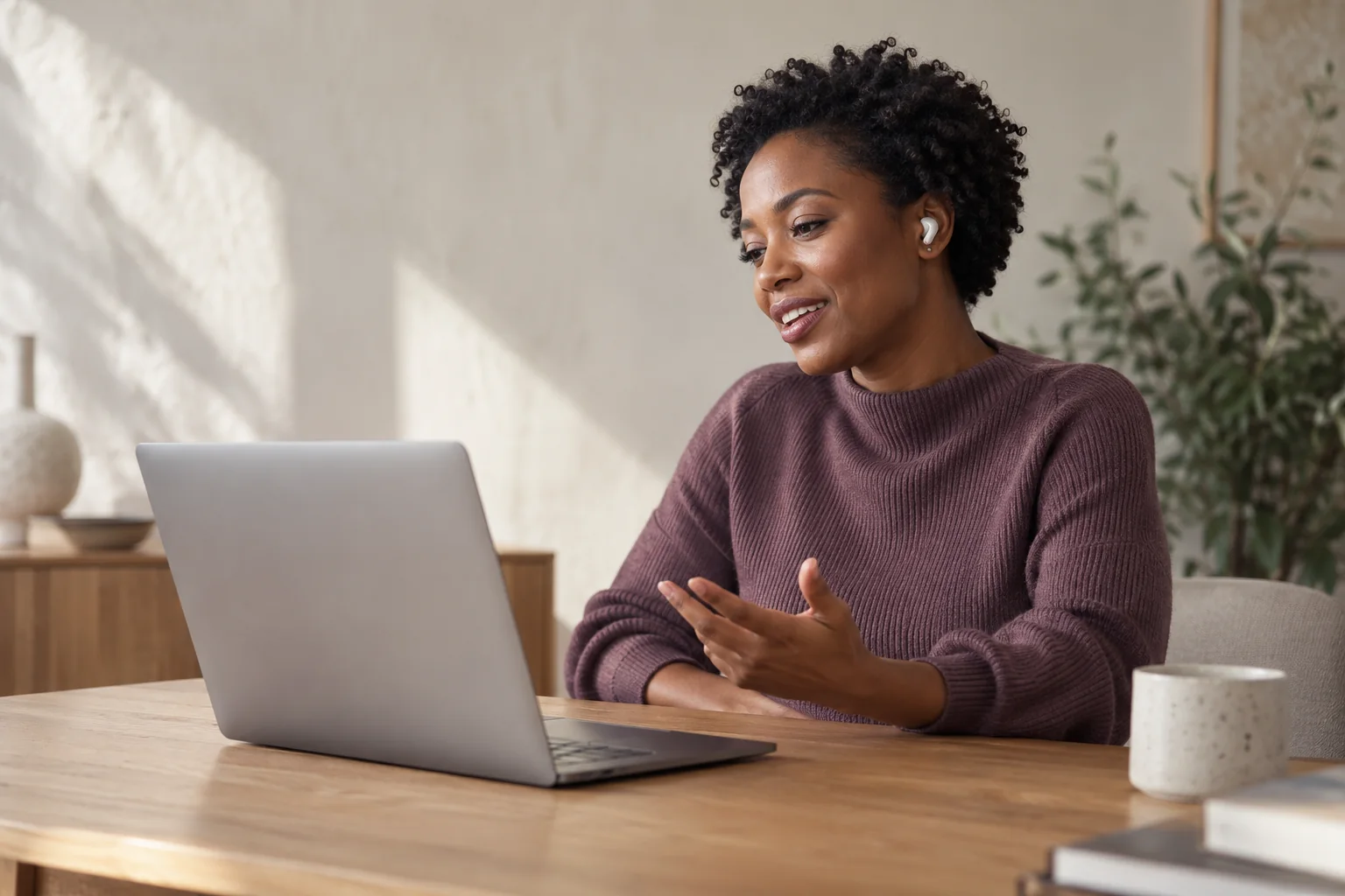Customer discussing her options with a voice assistant at her laptop.