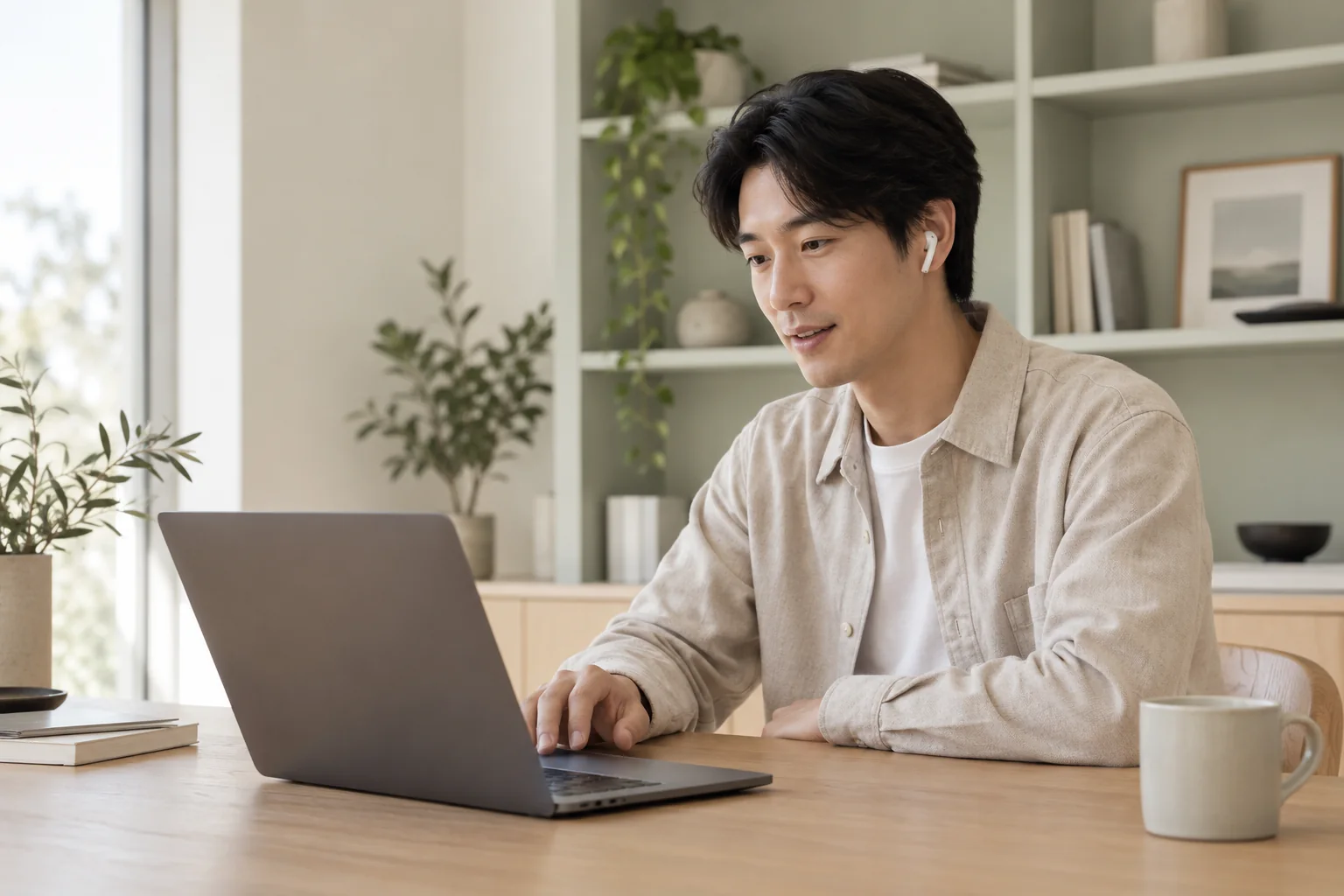 Customer working through a software question while speaking at his laptop.